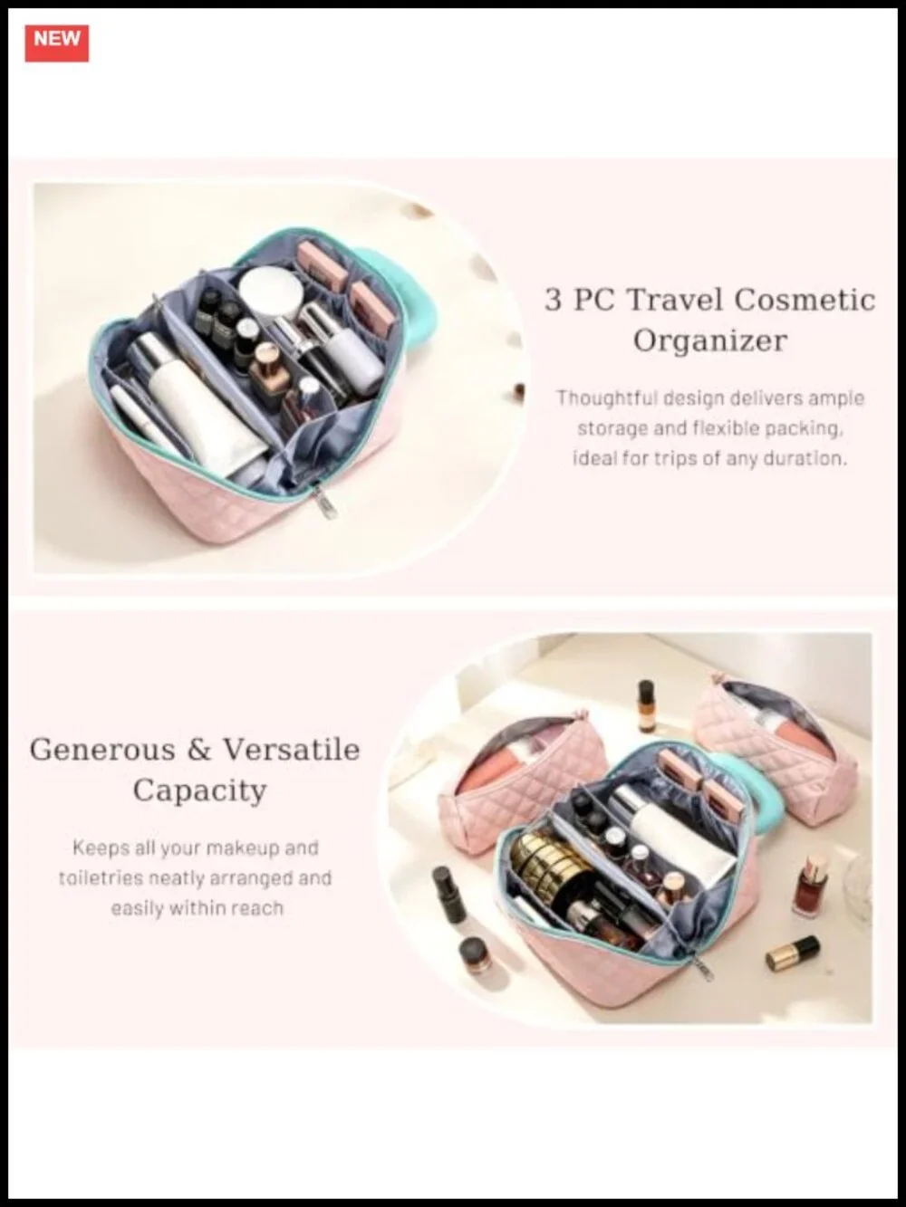 3-in-1 Quilted Puffer Makeup Bag, Waterproof Travel Cosmetic Organizer, 180°